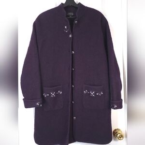 Lindor 100% Wool Long Cardigan Coat Purple Embroidered Size L Jacket Boiled Wool